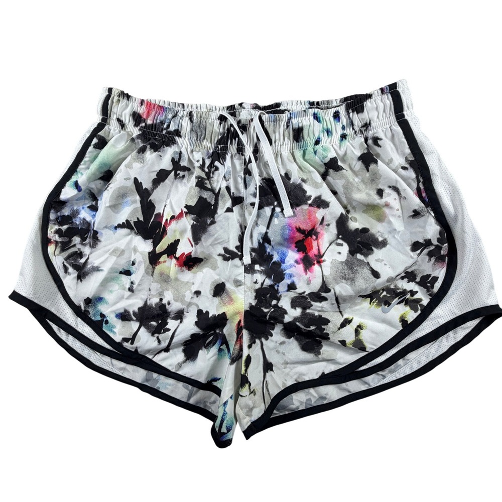 Nike Dri-FIT Floral Running Shorts Womens Medium White Black Watercolor Mesh 3in